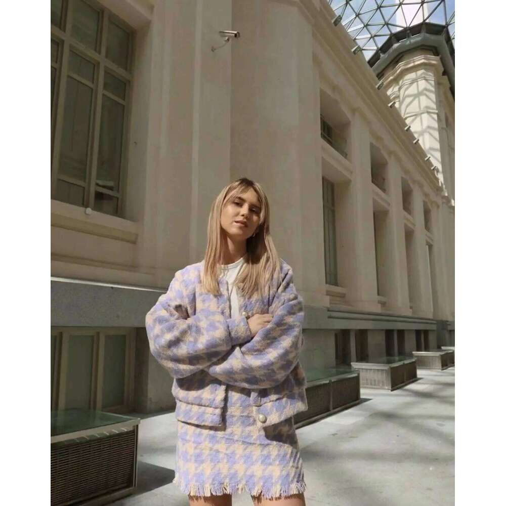 Vintage Sweet Women Pearl Button Black Check Gingham Plaid Blazer High Waist Mini Short Skirts Long Sleeve Suits 2 Pieces Set