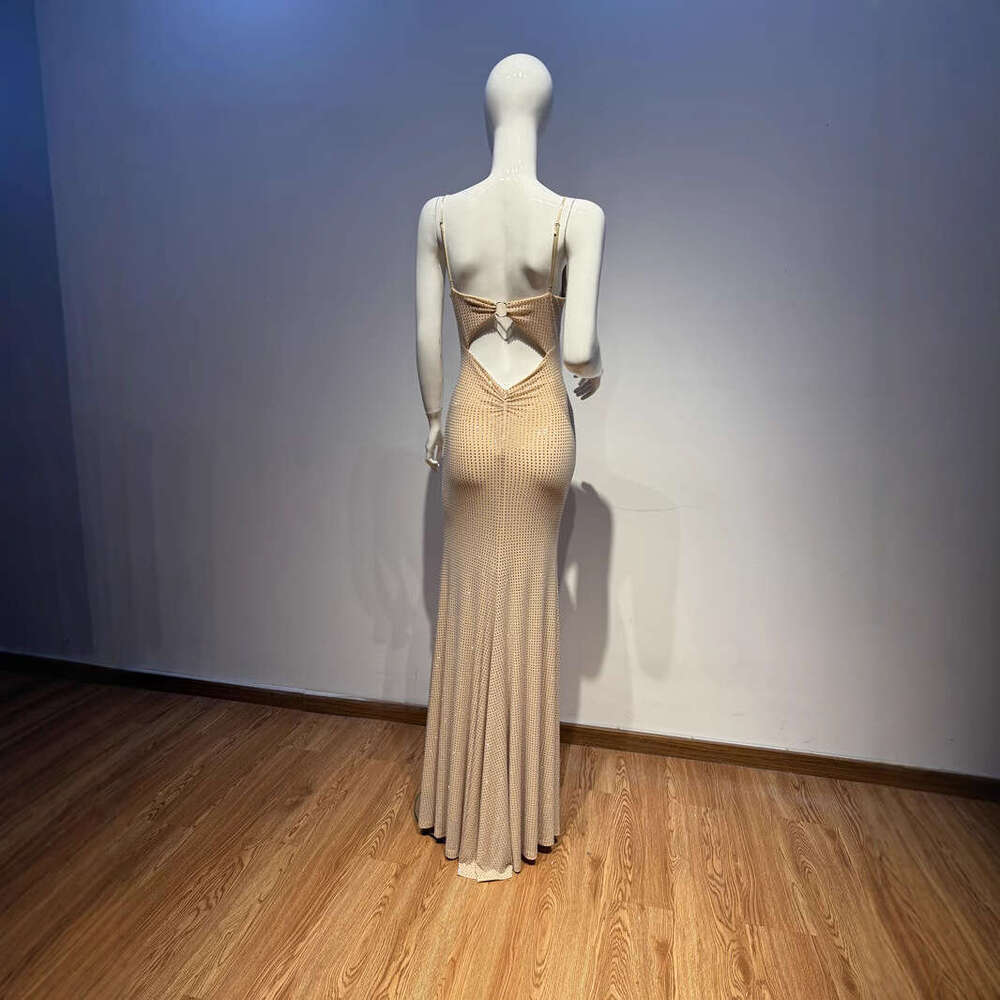 In Stock European and American Heavy Rhinestone Evening Slimming Pure Desire Bodycon Strap Long Party Birthday Dress for Women