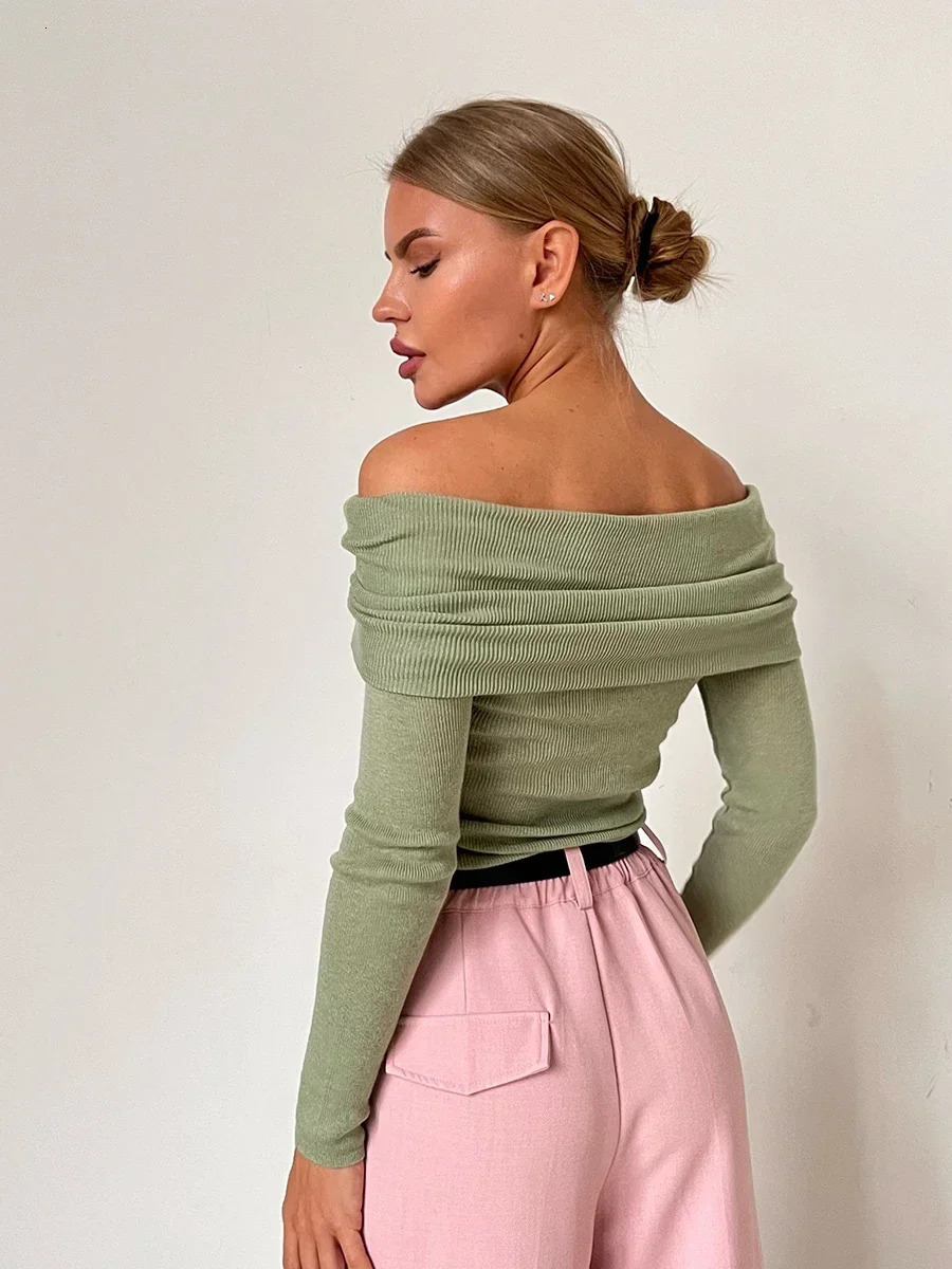Women Knitted Wool Tshirt Slim Fit Long Sleeve Autumn Winter Chic Off Shoulder Basic Sweater Streetwear Pullovers 250728