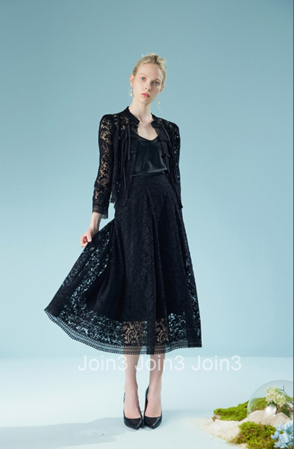 Summer New Lace Midi Skirt Black Slimming Elegant High Waist A-line Skirt 1242