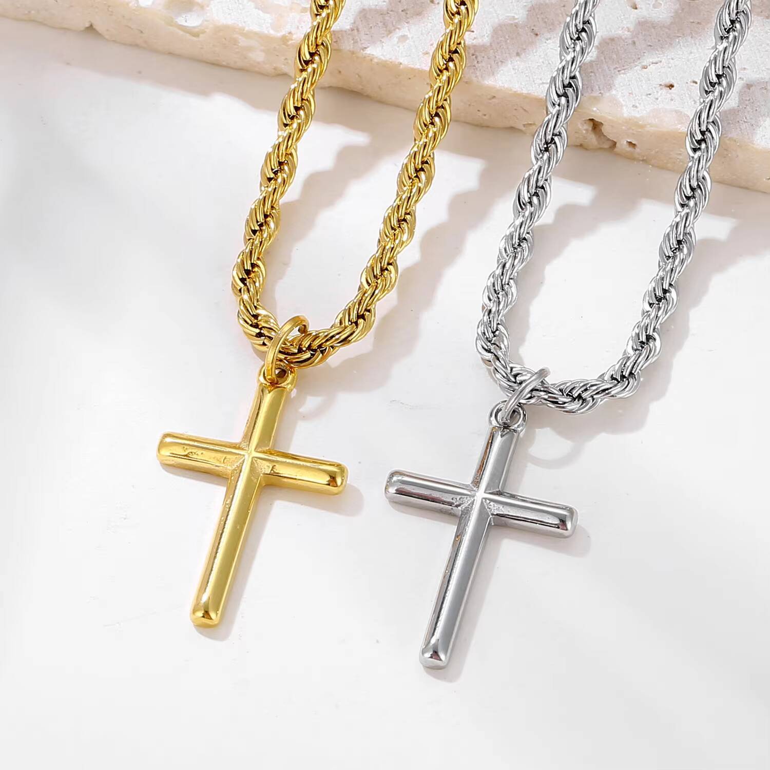 Minimalist 25mm Cross Necklace Stainless Steel Crucifix Charm Gold Silver Rope Chain Women Men Jesus Cross Necklace Gift