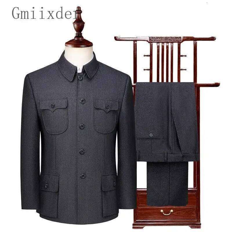 Autumn Stand-up Collar Overcoat Trousers Suit Middle-aged Chinese Style Loose Casual High Street Jackets Pants Set/single Pice