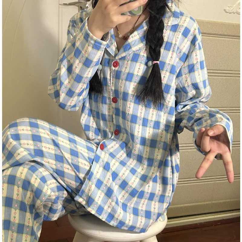 Autumn and Winter Women Nightwear Plaid Rose Striped Long Sleeve Trousers Pajamas Loungewear Plus Size Two-Piece Set Sleepwear R250728