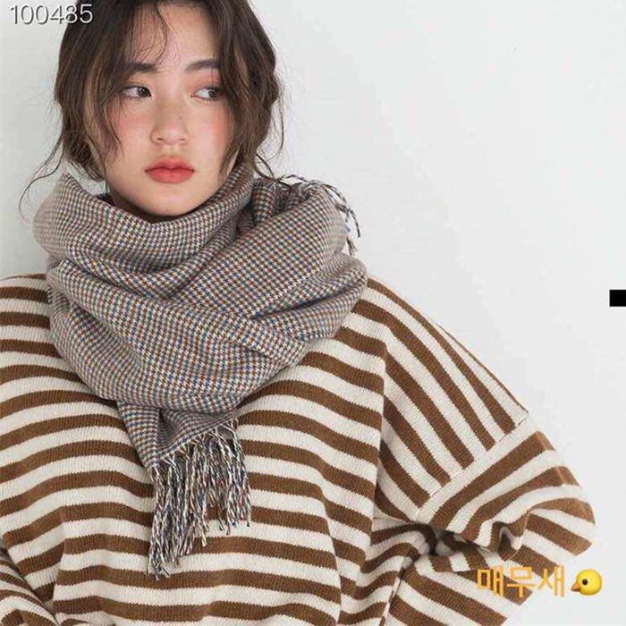 Korean Classic Colorful Small Houndstooth Plaid Tassel Thickened Scarf Neck Warmer Shawl for Women 250726