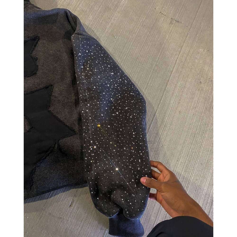 Designer Leisure High Quality FAST MONEY INVERSE Letter Patchwork Gothic Zipper Hoodie Black Loose Rhinestone Embroidery Crop Top Y2k Retro Street Swe