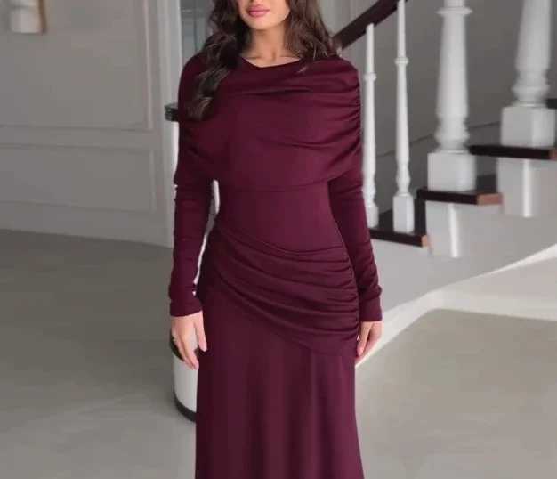 Womens Dresses Spring New Round Neck Long Sleeves Elegant Temperament Ruched Waist Cinching Skinny Evening long Dress Z250728