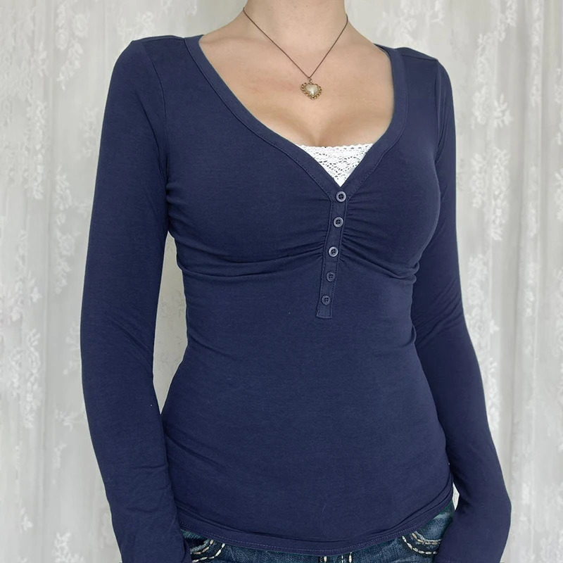 2000s Aesthetic Spring Patchwork Twopiece Tshirt Vintage Stitching Button Crop Top Women Y2k Full Sleeve T Shirts 250728