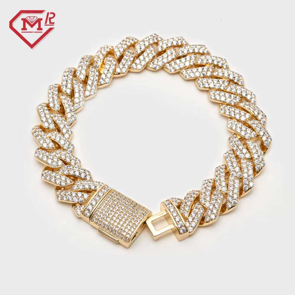 Hip Hop 15mm Moisannite Cuban Men 2rows Iced Out Prong Setting Sterling Sier Vvs Moissanite Bracelet