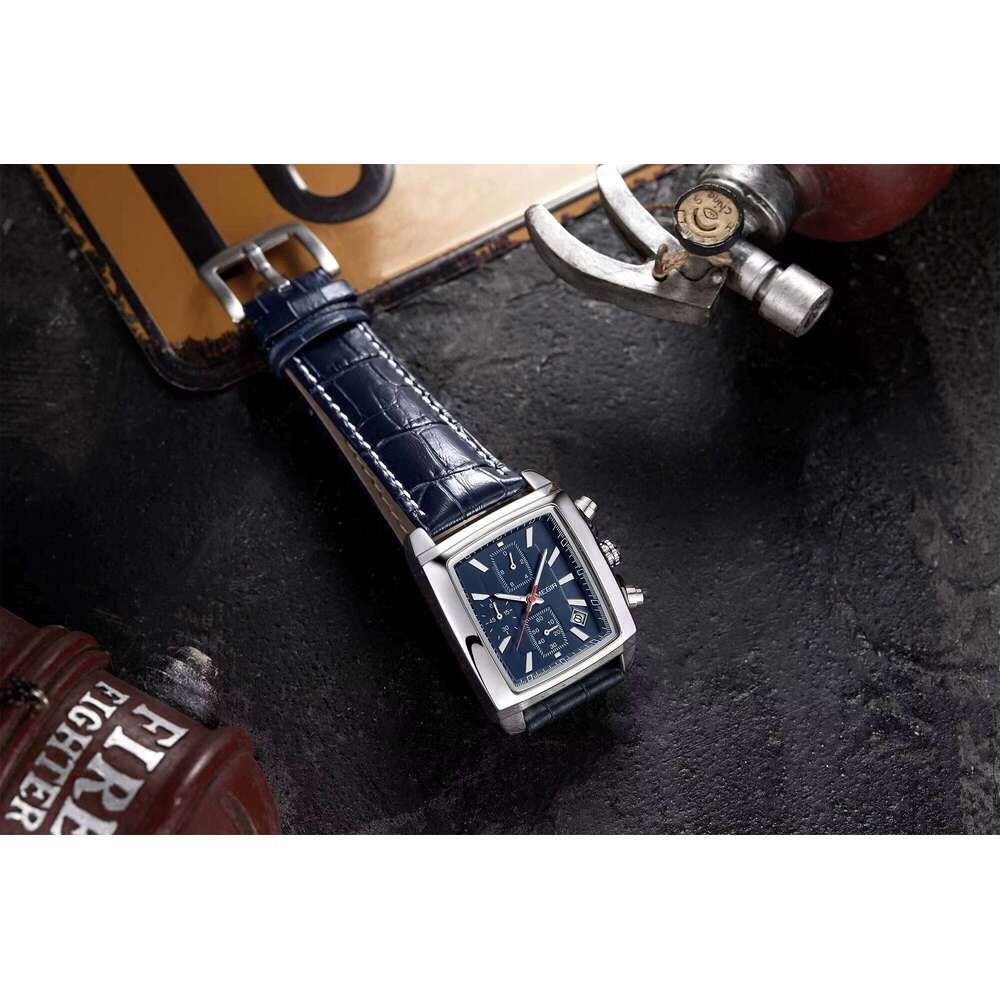 DHwatches MEGIR 2028 Men's Square Chronograph Watch - 39mm Leather Strap, Luminous, Waterproof 30M, Date, Business Quartz Watch