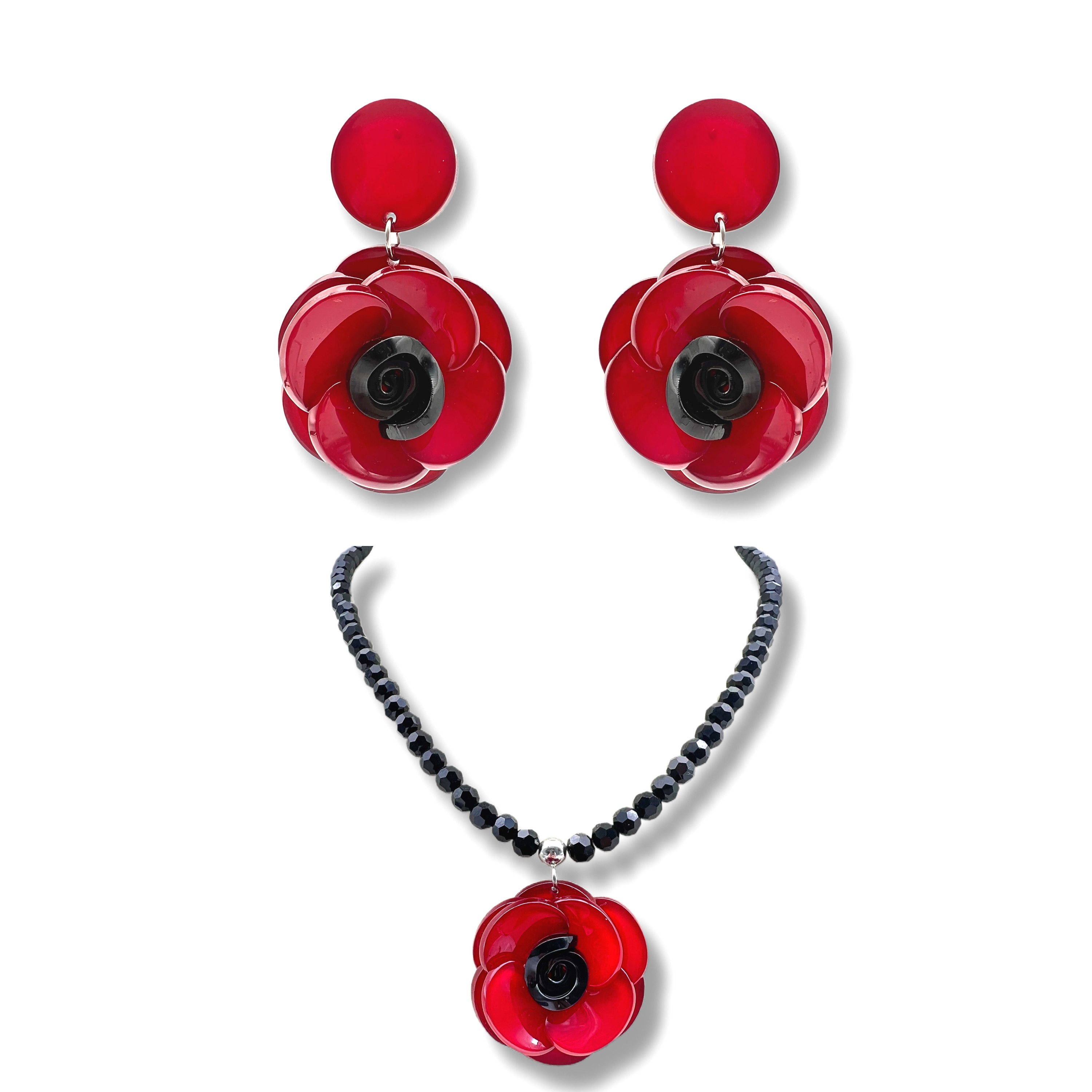 Elegant Black Beaded Necklace Featuring a Stunning Red Flower Charm