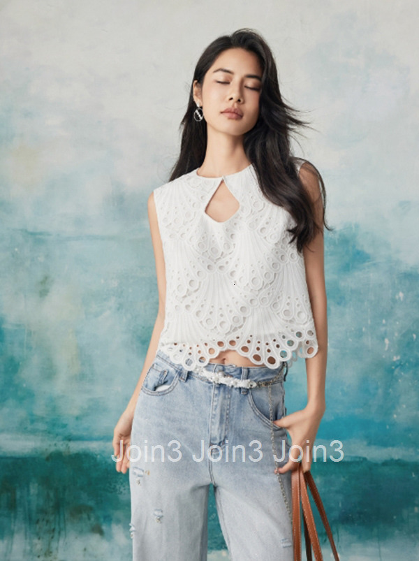 Summer New White T-Shirt Versatile Short Top French Hollow High-End Lace Blouse 2866