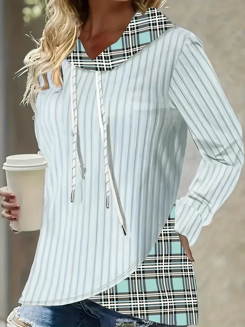 Women Plus Size 1XL5XL Casual Hoodie Sweatshirt Pullover Womens Colorblock Plaid Print Long Sleeve Drawstring Hoodie 250728