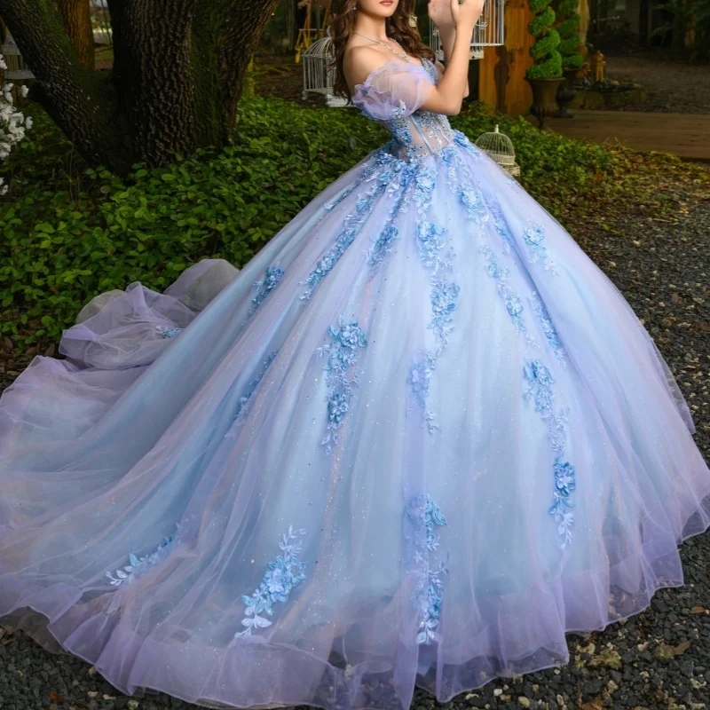 Lavender Shiny Princess Quinceanera Dresses Appliqued Flower Beads Tull Corset Sky Blue Lining Sweet 16 Dress Ball Gown Vestidos De 15 Anos