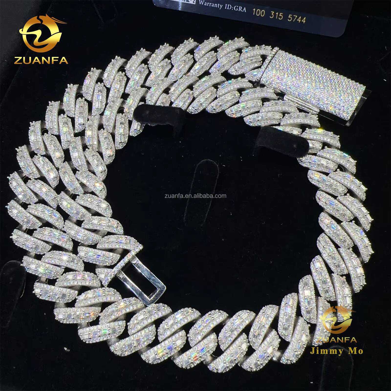 18mm Three Row Stone Luxury Rapper Jewelry 925 Solid Silver Iced Out Hip Hop Baguette Moissanite Diamond Miami Cuban Link Chain
