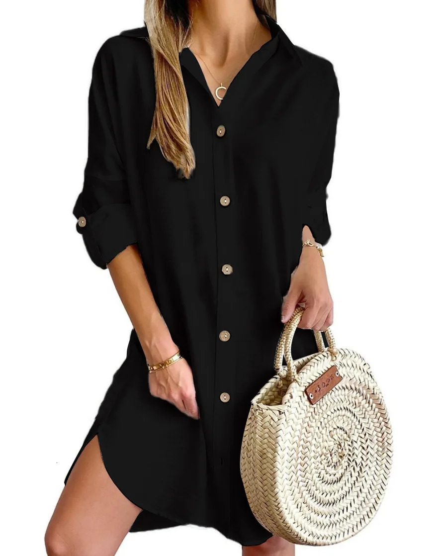 Elegant Womens White Spring and Autumn Casual Long Sleeve Lapel Button Up Shirt Dress Fashionable Woman Loose Mini Dress 250728