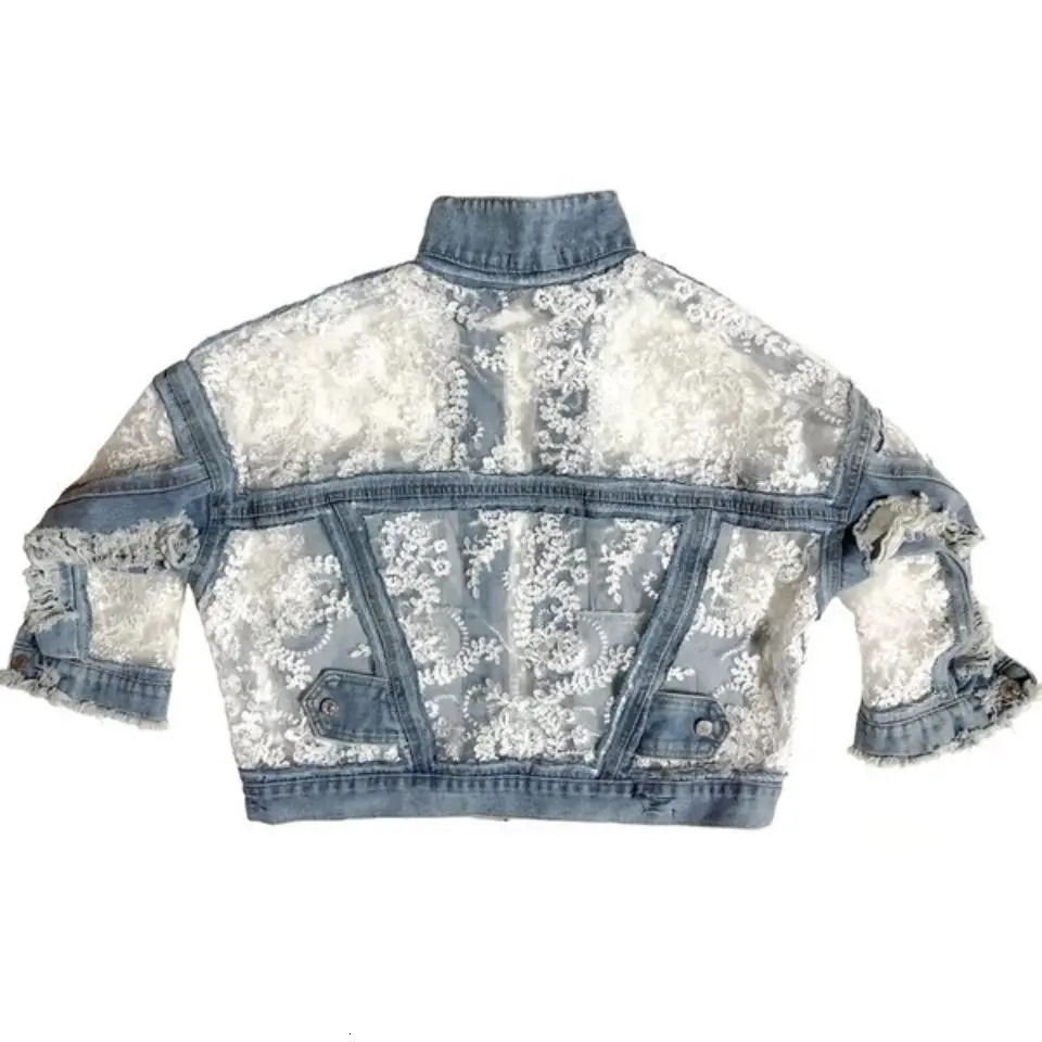 Chic 3D Flowers Embroidery Lace Spliced Loose Denim Coat Perspective Sunscreen Jacket Hollow Jeans Handmade Holes Cardigan Tops 250728