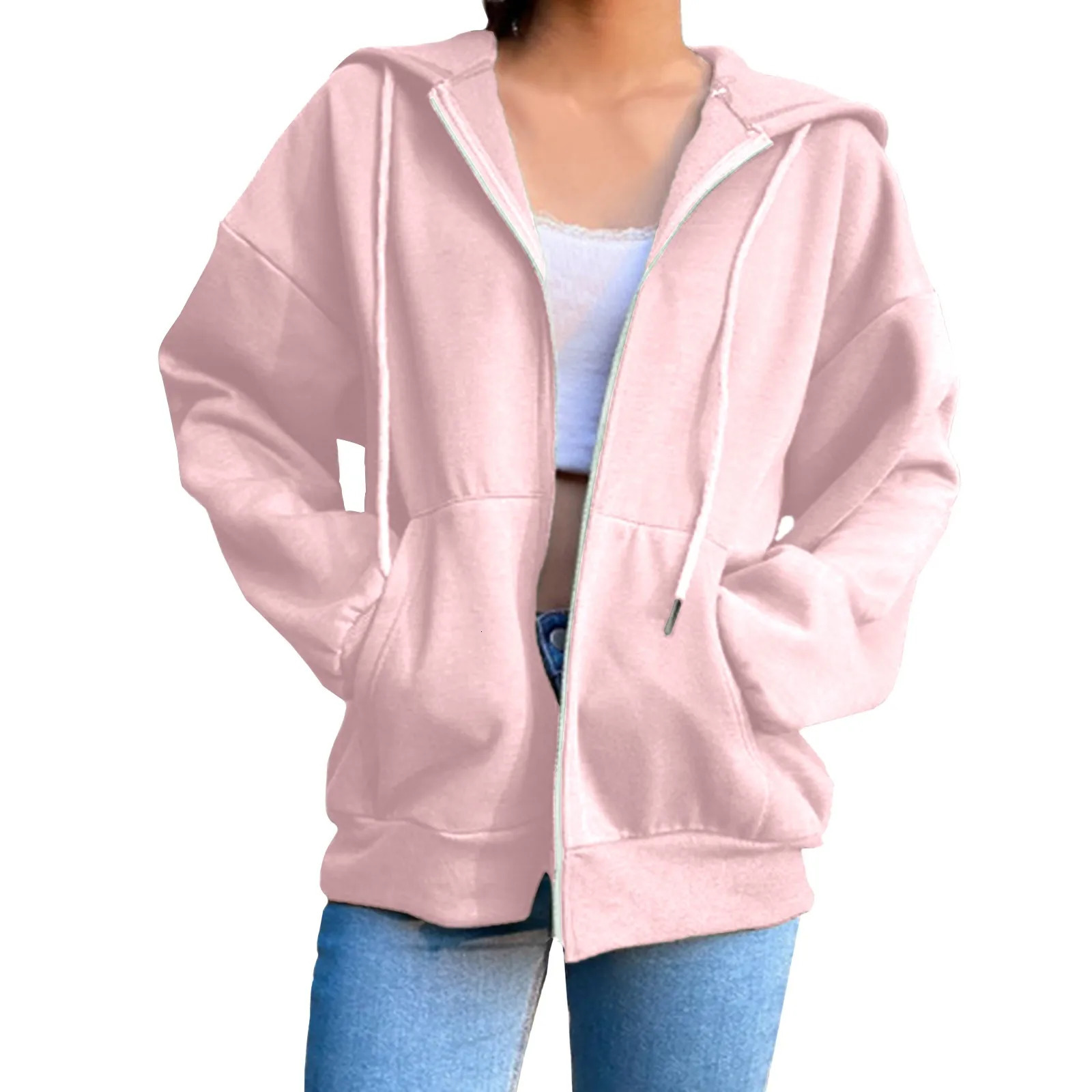 Women Loose Hoodies Fashion Long Sleeve Zipper Hooded Sweatshirt Casual Autumn Winter Sportswear Solid Clothes 250728