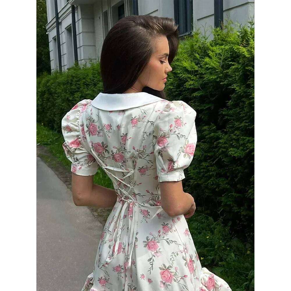 Designer Clothing 2025 Flower Printed Lapel Mini Dress Women Casual Daily Sleeved V Neck A-Line Fluffy Short Vestido 2025 New Summer Holiday Robe