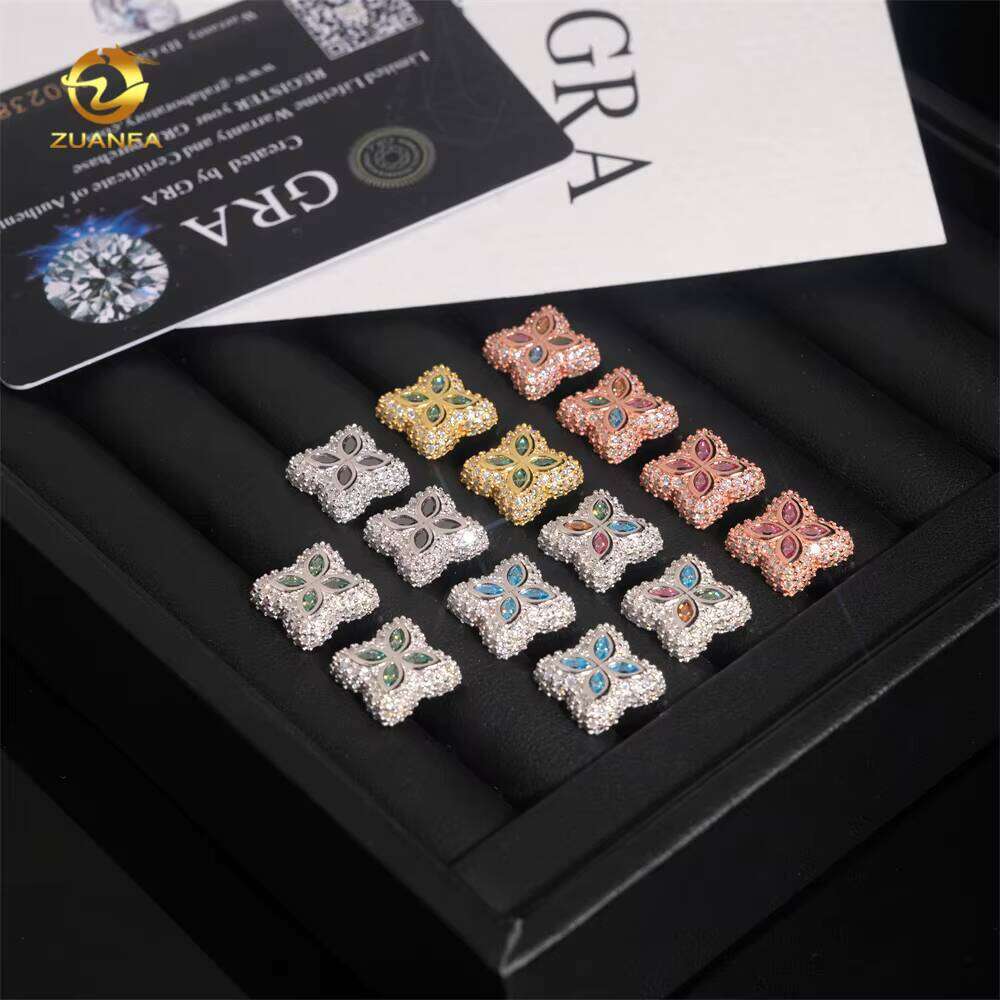 15mm Colorful Chrysoprase Flower Sier Hip Hop Iced Out Earrings Passed Testing