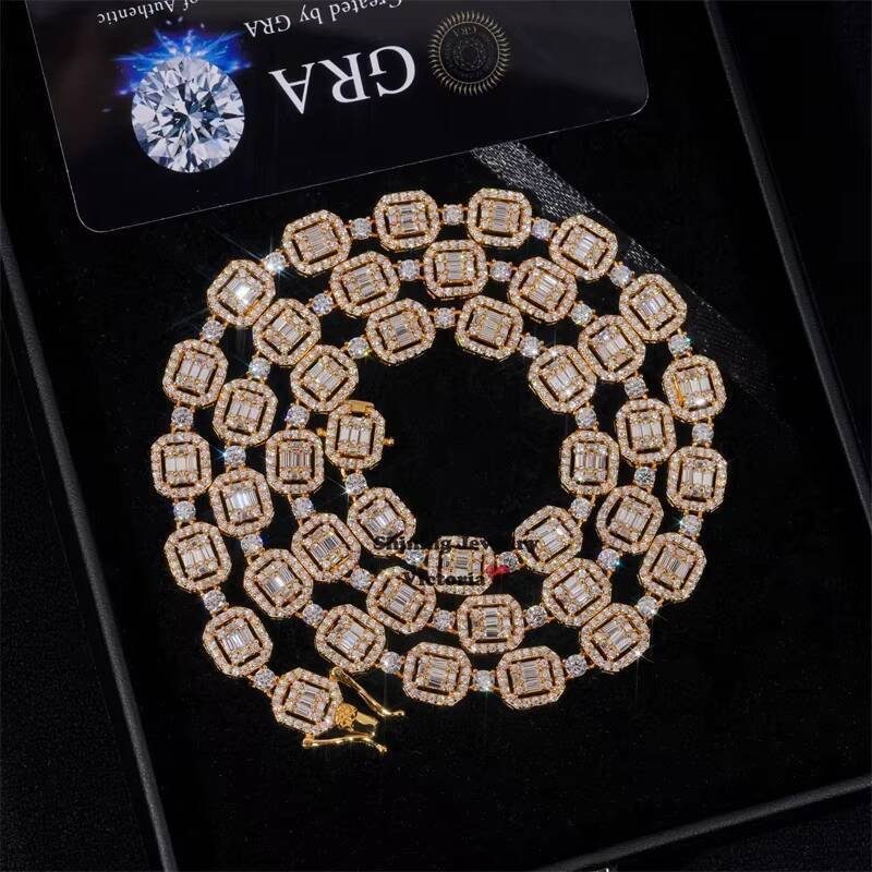 8MM Halo Diamond Style Iced Out Baguette Moissanite Diamond Iced OutTennis Link Chain Necklace