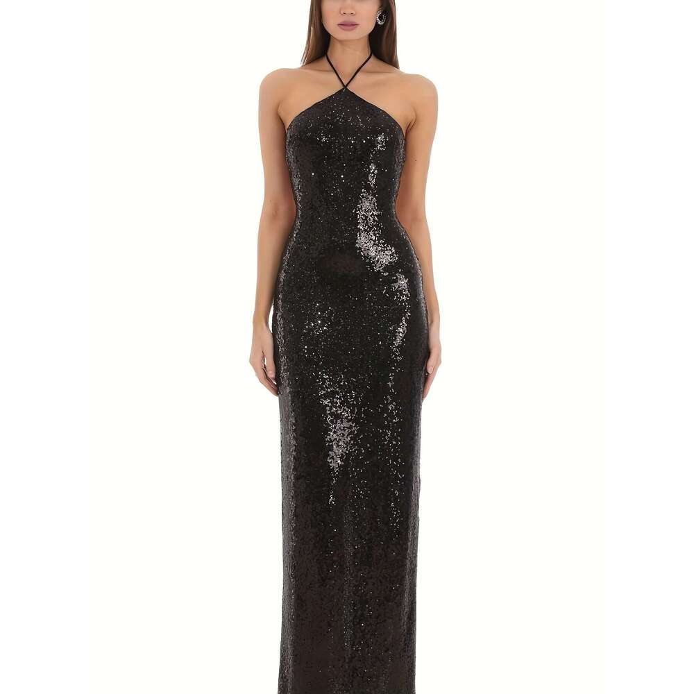 Evening Party Elegant French-Inspired Halter Neck Sequin Gown - Sleeveless, Bodycon Mermaid with Sparkling Details, Perfect for Spring/Summer Adult Wo