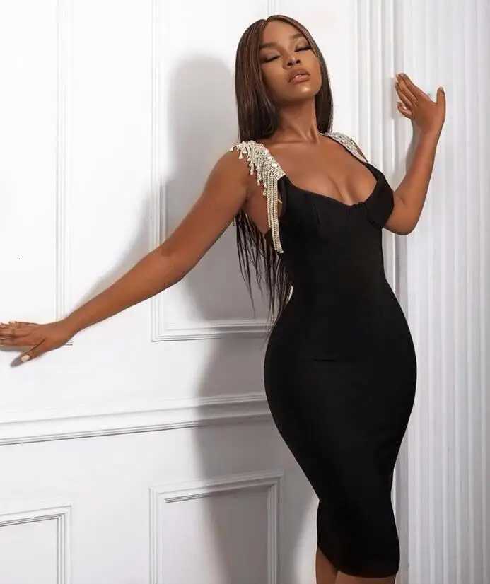 Sexy V Neck Sparkly Tassel Rose Red Black Bodycon Bandage Dress 2023 Women Stretchy Club Evening Party Club Dress Z250728