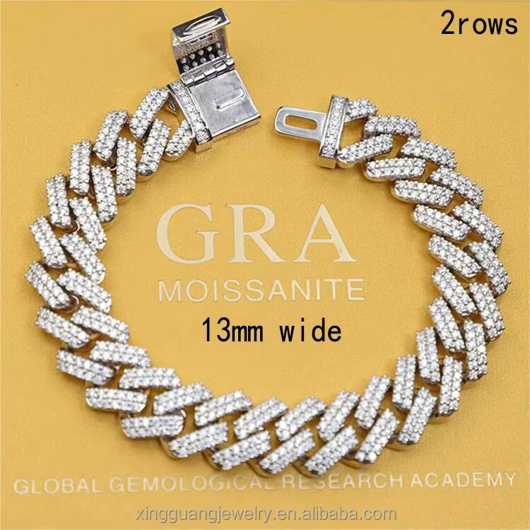 Hip Hop Style 13mm Width 2rows Cuban Necklace 925 Silver Iced Out Diamond Bracelet Vvs Moissanite Cuban Link Chain