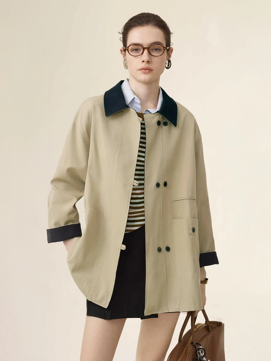 British Style Womens MidLength Trench Coat Contrast Collar Double Breasted Loose Fit Windbreaker Spring Casual Jacket 250728