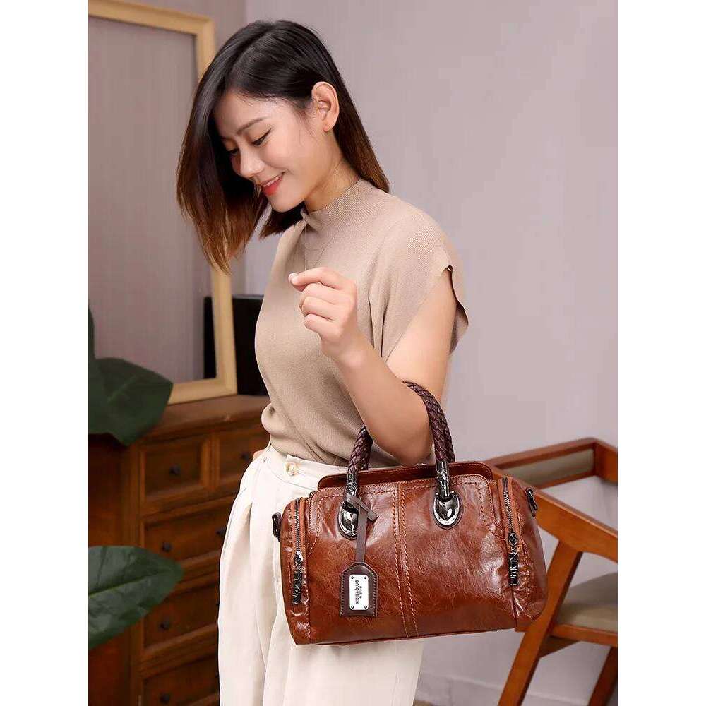 autumn/winter vintage European and American style contrasting woven handbag crossbody multi compartment Boston women's bags