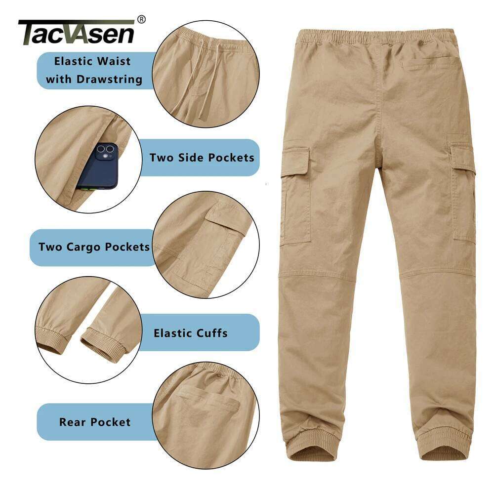 TACVASEN Cotton Cargo Mens Casual Multi-Pockets Working Pants Elastic Waist Drawstring Trekking Hiking Pant Work Trousers