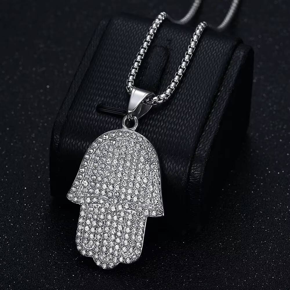 Hip Hop Mens Rock Punk Totem Amulet 18K Gold Plated Stainless Steel Hamsa Hand of Fatima Jewelry Charm Pendant