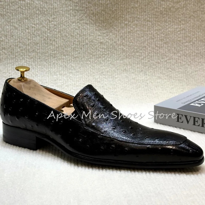 2025 Mens Elegant Ostrich Texture Leather Slip On Loafers Navy Blue Comfortable Low Heel Dress Shoes Business Formal Shoes 250723