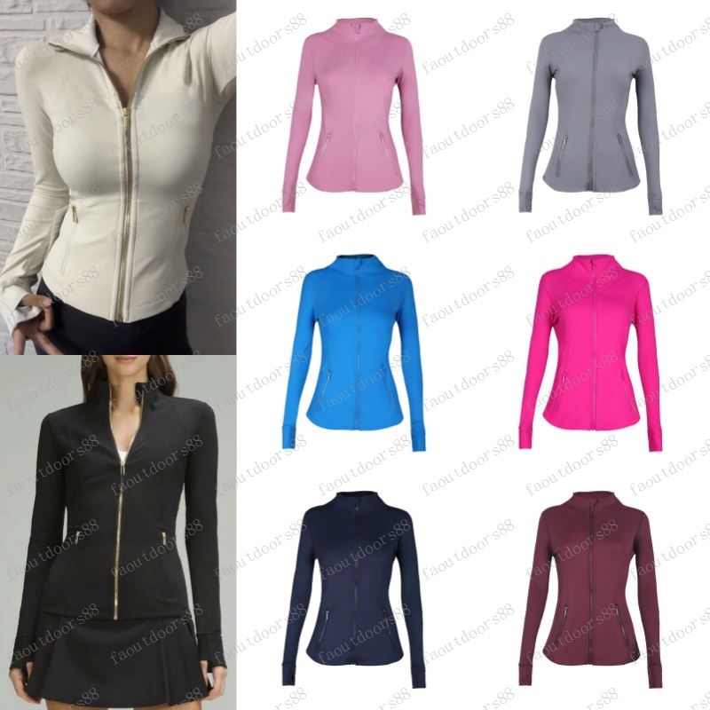 Womens Yoga jackets Gold Zipper Jacket Women Workout Sport Coat Fitness Long Sleeves Solid Color Back Zipper Gym Jackets Sweatshirt Outfit Sportswear For Lady