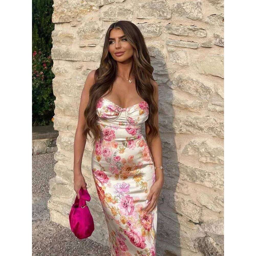 Designer Clothing 2025 Suninheart Summer Spaghetti Strap Floral Print Party Dresses Elegant Maxi Bodycon Wedding Guest Holiday New In Dress 2023