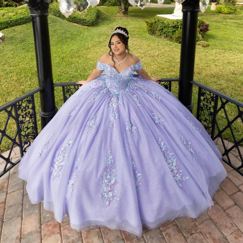Lavender Quinceanera Dresses Ball Gown Off The Shoulder Applique Lace Beads Bow Tull Corset Party Birthday Sweet 16 Dress Vestidos 15 Anos