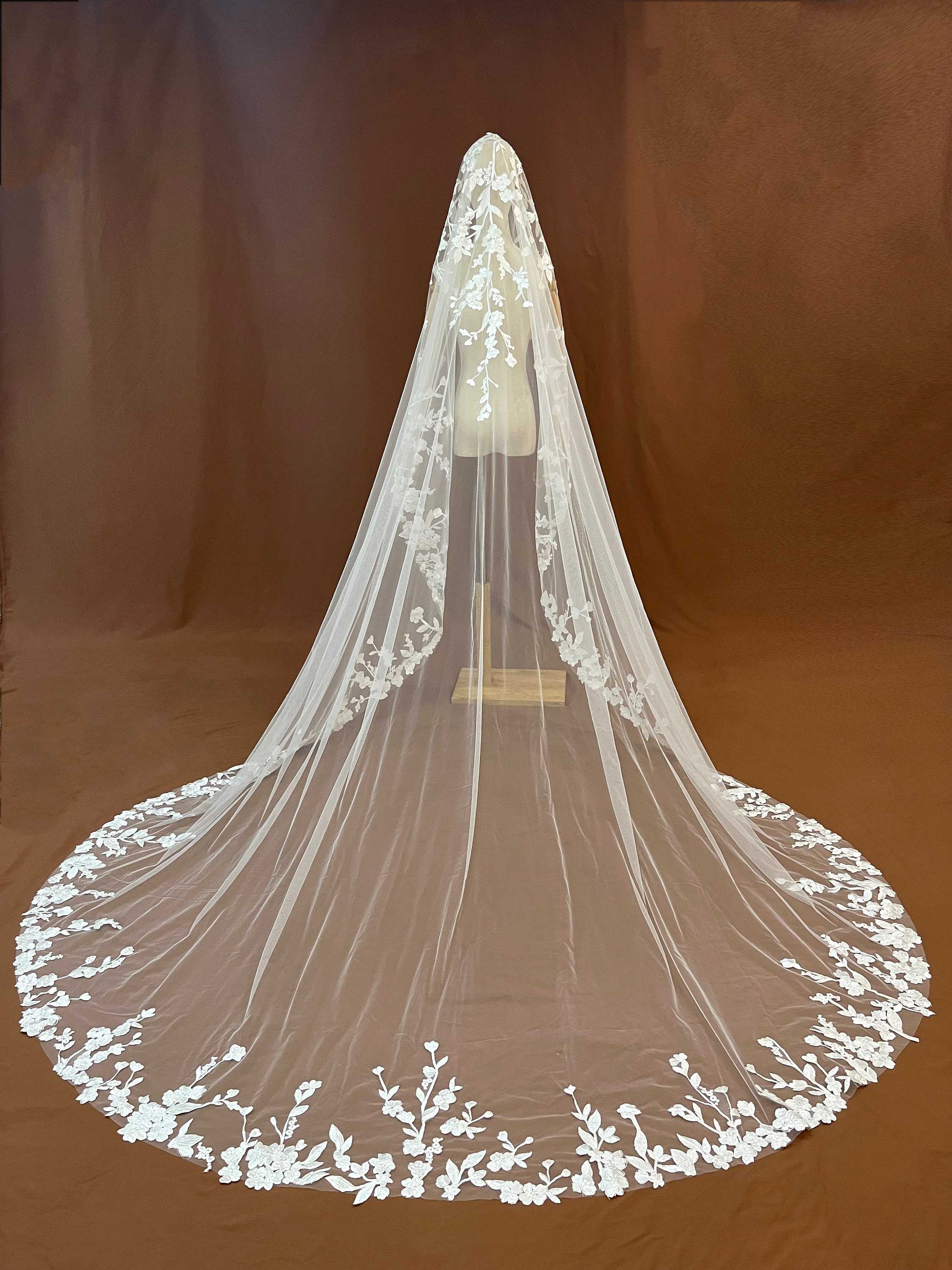 Wedding Veil Customized Real Photos Long Appliques Edge Bridal Veil Single Layer Cathedral Length Wedding Accessories