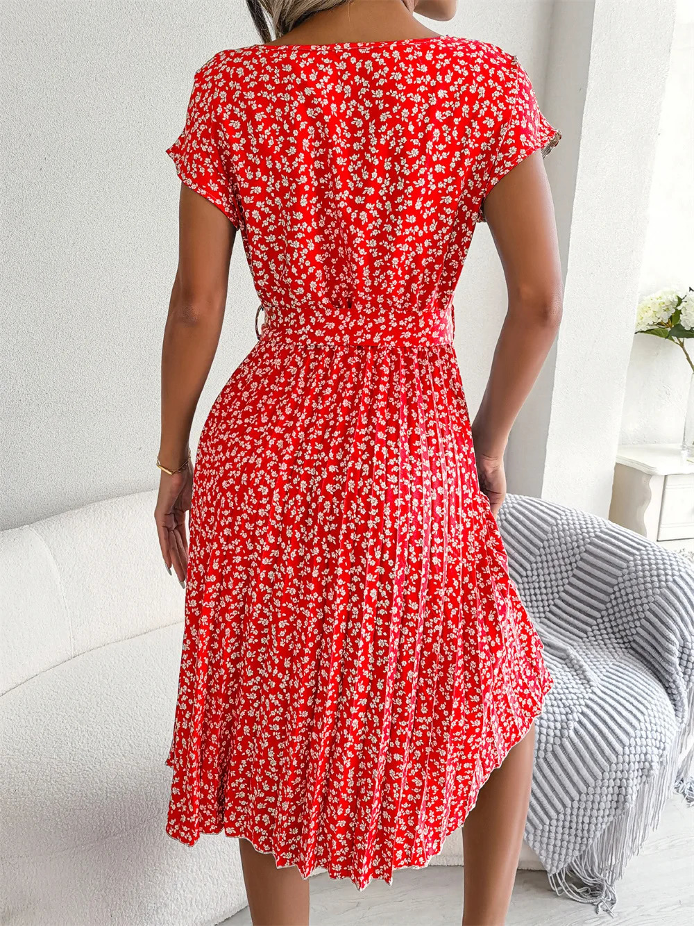 Women Spring Summer Short Sleeve High Waist Chic Dress Fashion Floral Pleated ALine Long Dress 250728