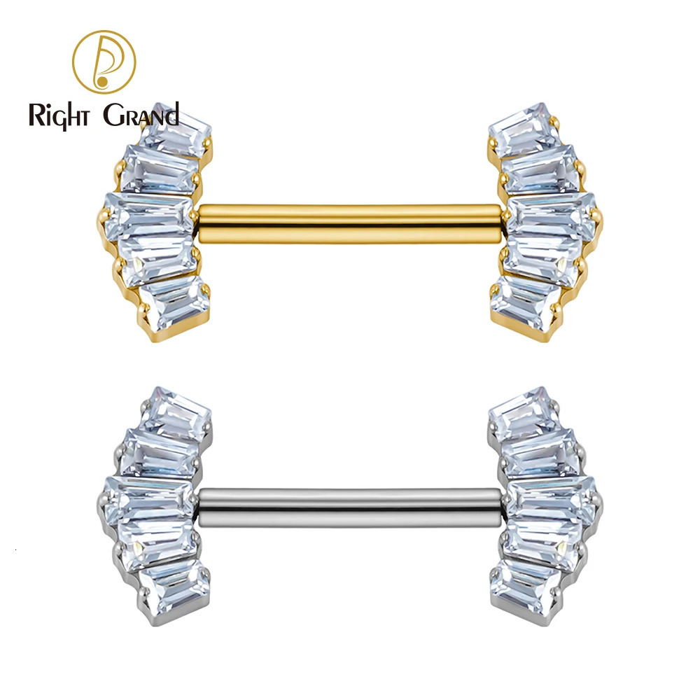 Right Grand ASTM 36 Threadless Push Pin Nipple Shield Barbell Ring with 5-Cluster Baguette CZ Crown Ends 250722