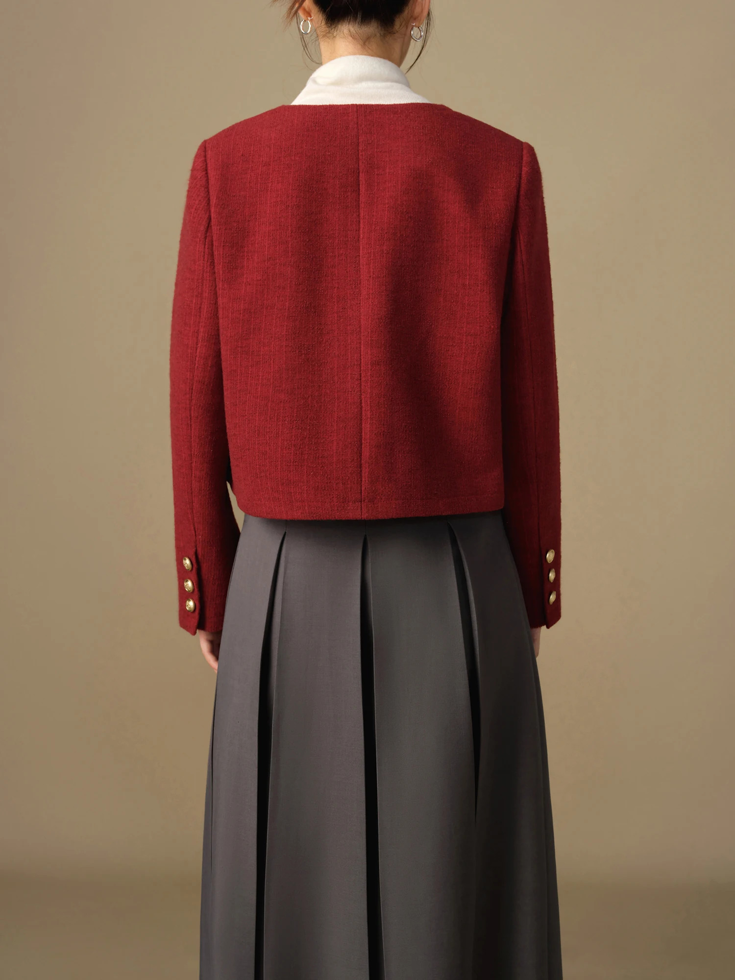 Dushu Women Red Tweed Jackets Round Neck Single Breasted Winter Navy Blue Female Thicken Coats 24DS84286 250728