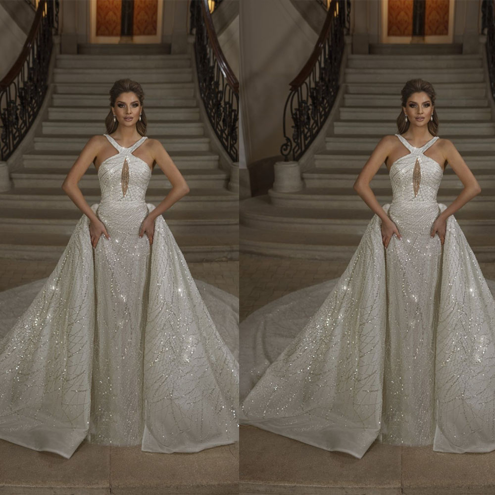 Luxury A Line Women Wedding Dress Spaghetti Strapless Bridal Gowns Sequins Detachable Train Dress Custom Made vestidos de novia