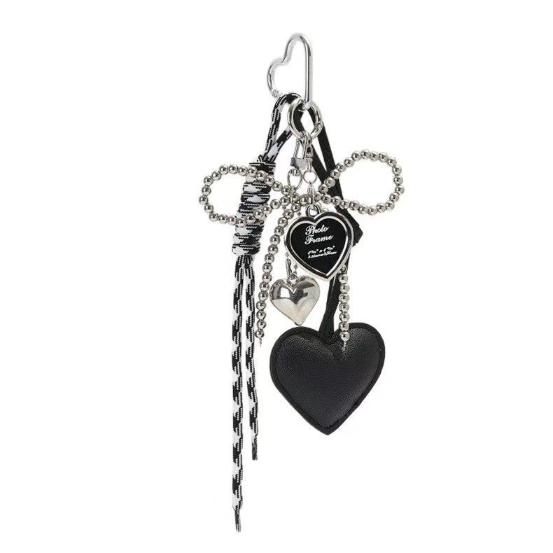 Cute Girly Heart Silver Bead Bowknot Miu Style Bag Pendant Leather Heart Super Beautiful Keychain Ornament 250726