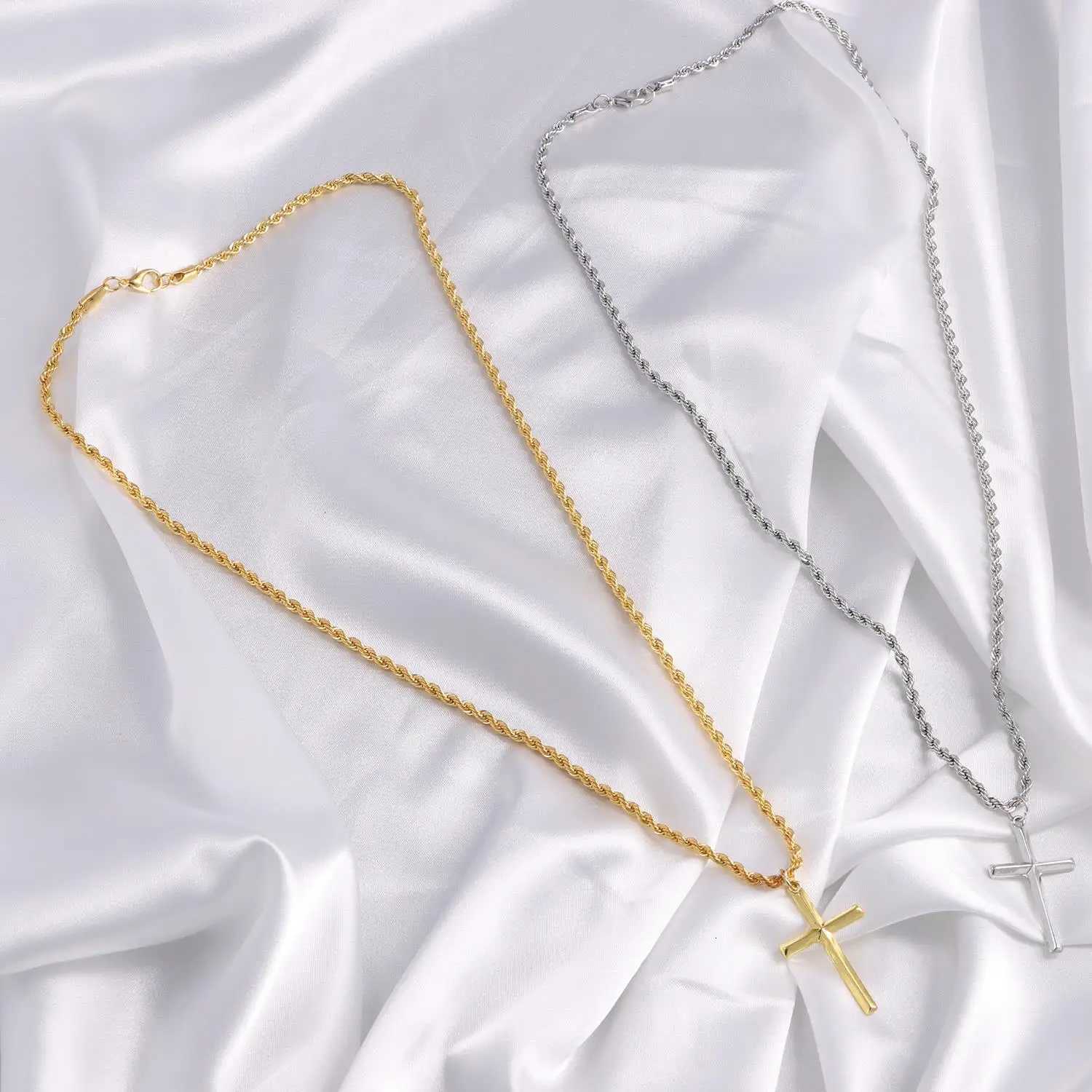 18K Gold Plated Stainless Steel Cross Pendant Necklace for Men Boys Simple Twisted Chain Fashionable Jewelry for Beach Party XJ250708