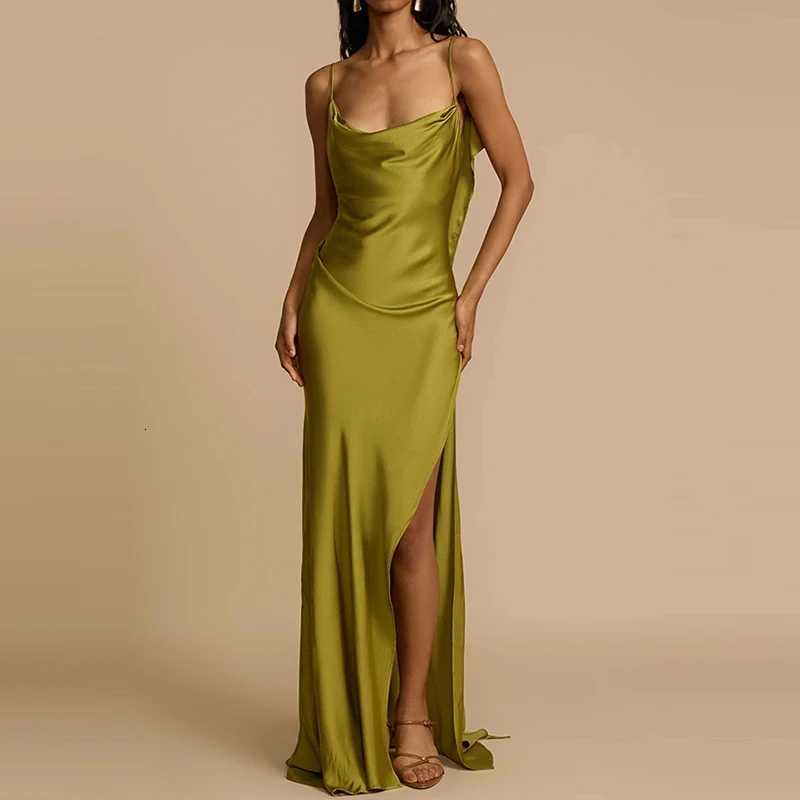 Lady Sexy Side Split Solid Slim Long Dress Fashion Draped High Waist Satin Dress Elegant Off Shoulder Irregular Suspender Dress Z250728