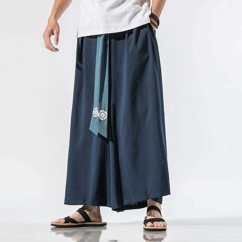 2024 Men Wide Leg Mens Cotton Joggers Retro Loose Trousers Man Chinese Style Linen Male Big Crotch Nepal Robe Pants