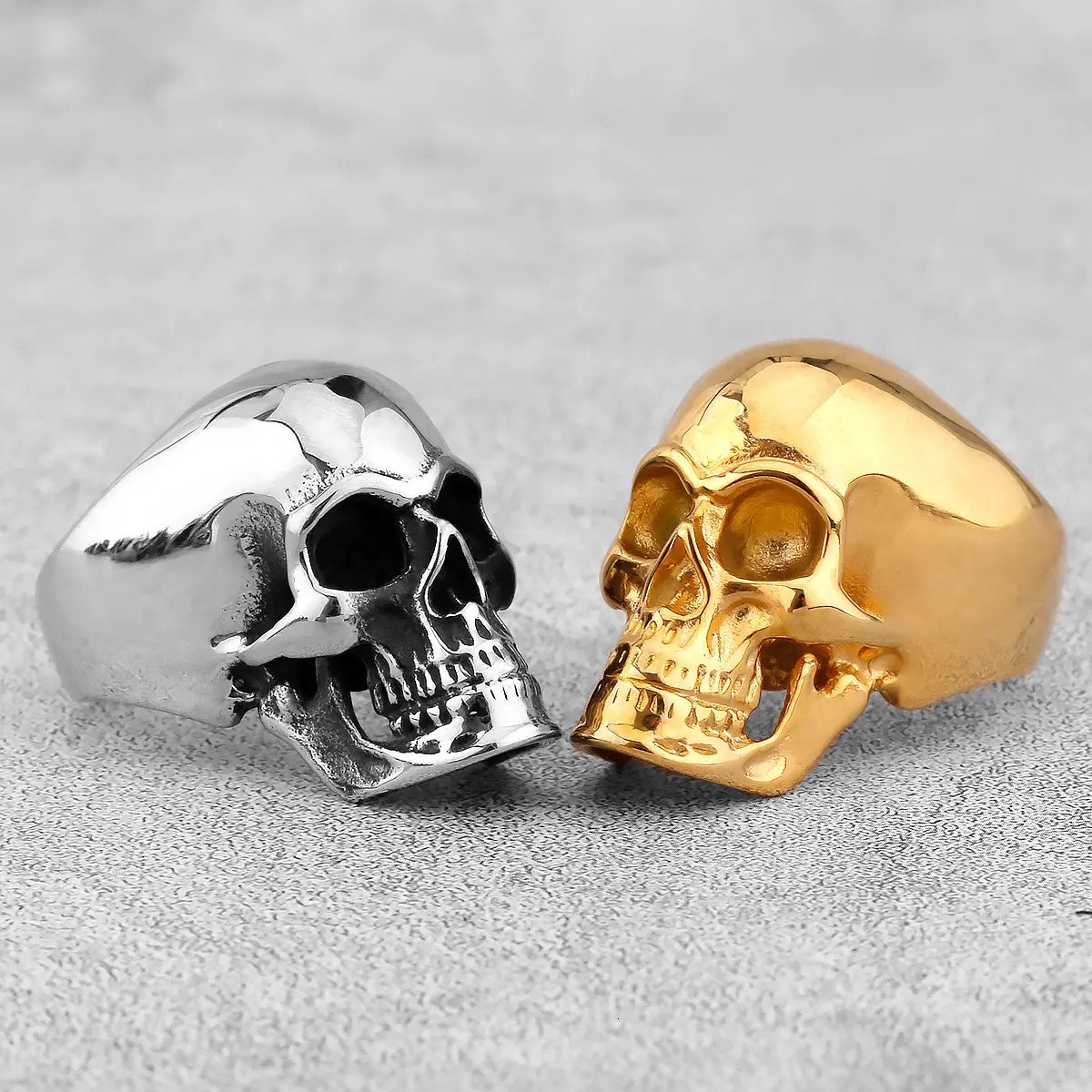 Gothic High Polish Skull Gold/Steel Color Rings for Men Stainless Steel Heavy Metal Skull Ring Punk Motorcyclist Jewelry Gifts 250723