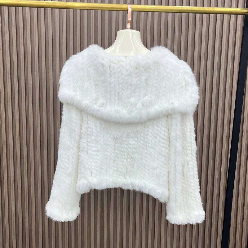 2025 Autumn Winter Women Real Natural Rabbit Fur Double Knitted Coat With Big Navy Collar Thick Warm Jacket Full Sleeves
