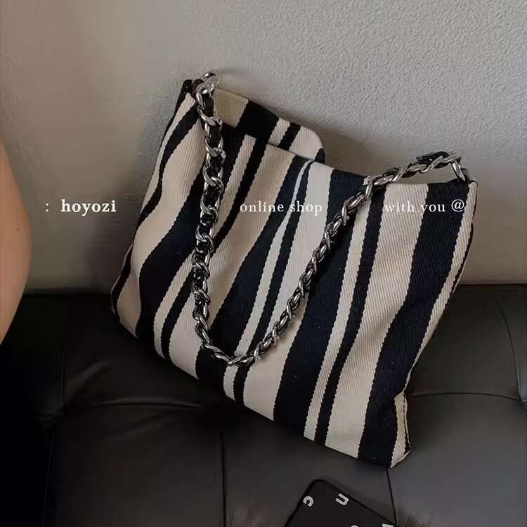 Designer Canvas Striped Tote Women's 2024 New Summer Large Capacity High-end Single Shoulder Chain Bag