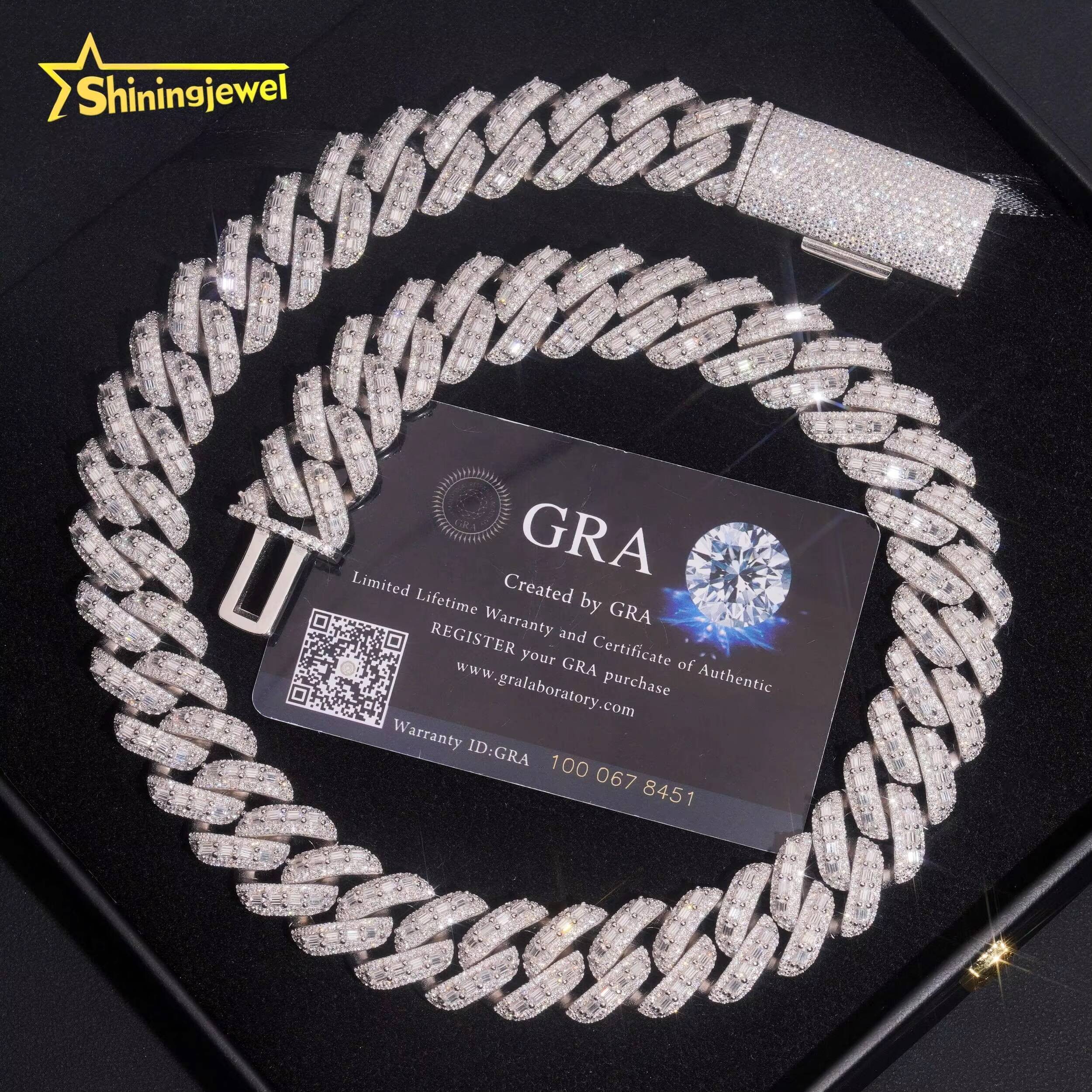 Rapper Jewelry Luxury Hip Hop Style Baguette Moissanite Iced Out 18mm 925 Silver Diamond Cuban Link Chain