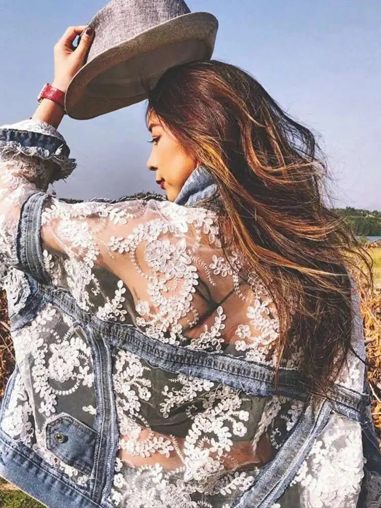 XFPV Women Sweet 3D Flower Embroidered Lace Spliced Loose Short Denim Sunscreen Coat Y2k Korean Fashion Summer 2025 SM11222 250728