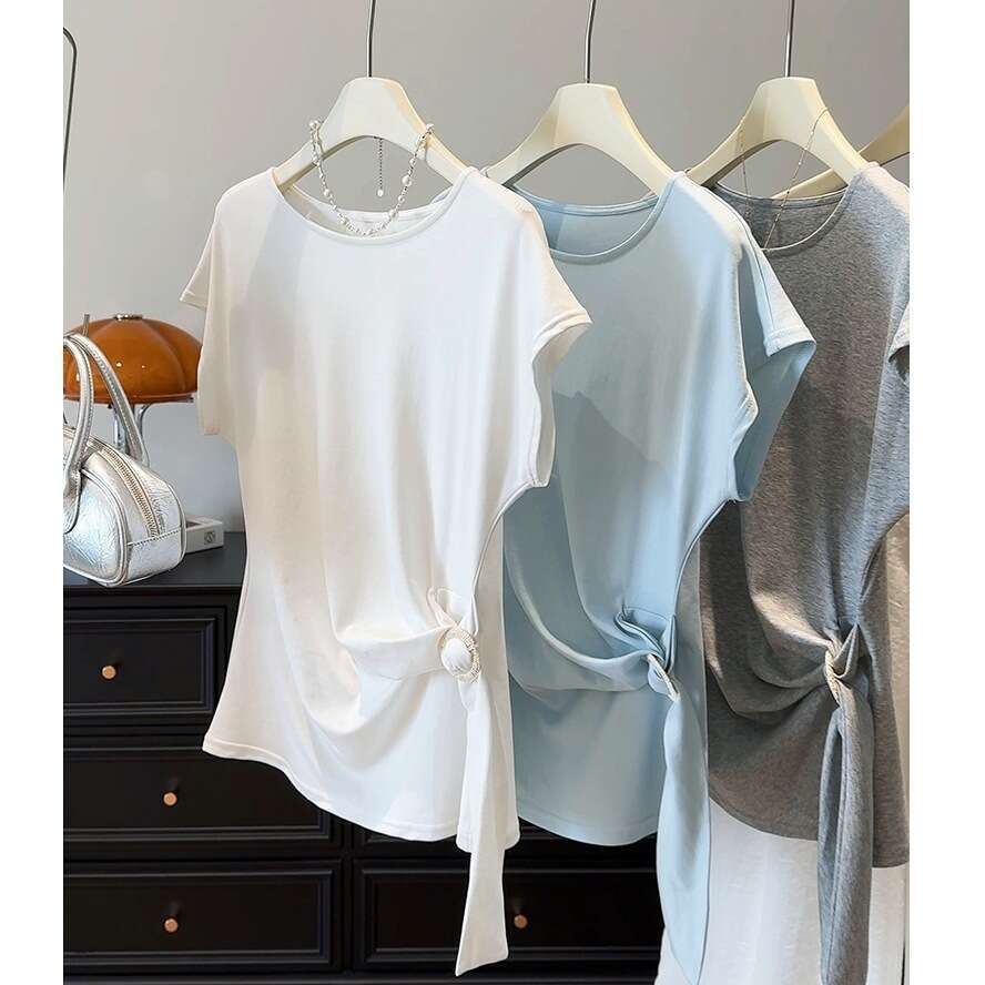 sxzy Round Neck Short T-Shirt for Women Summer 2025 New Slim Fit Waist-Cinching Slimming Irregular Design Flutter Sleeve Top